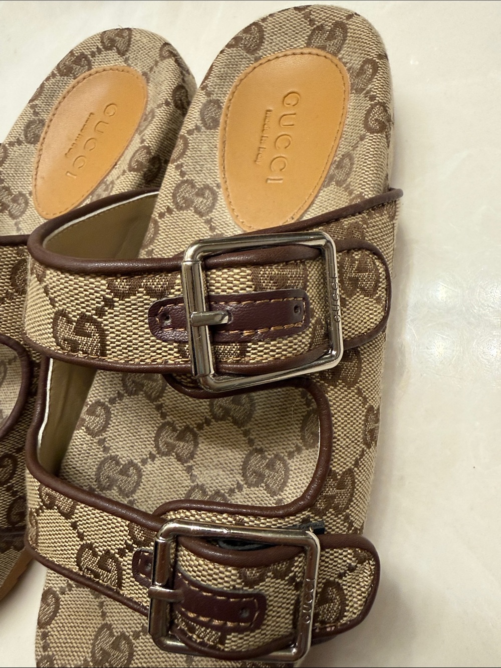Gucci Brown GG Canvas Double Buckle Sandals - Picture 3 of 3